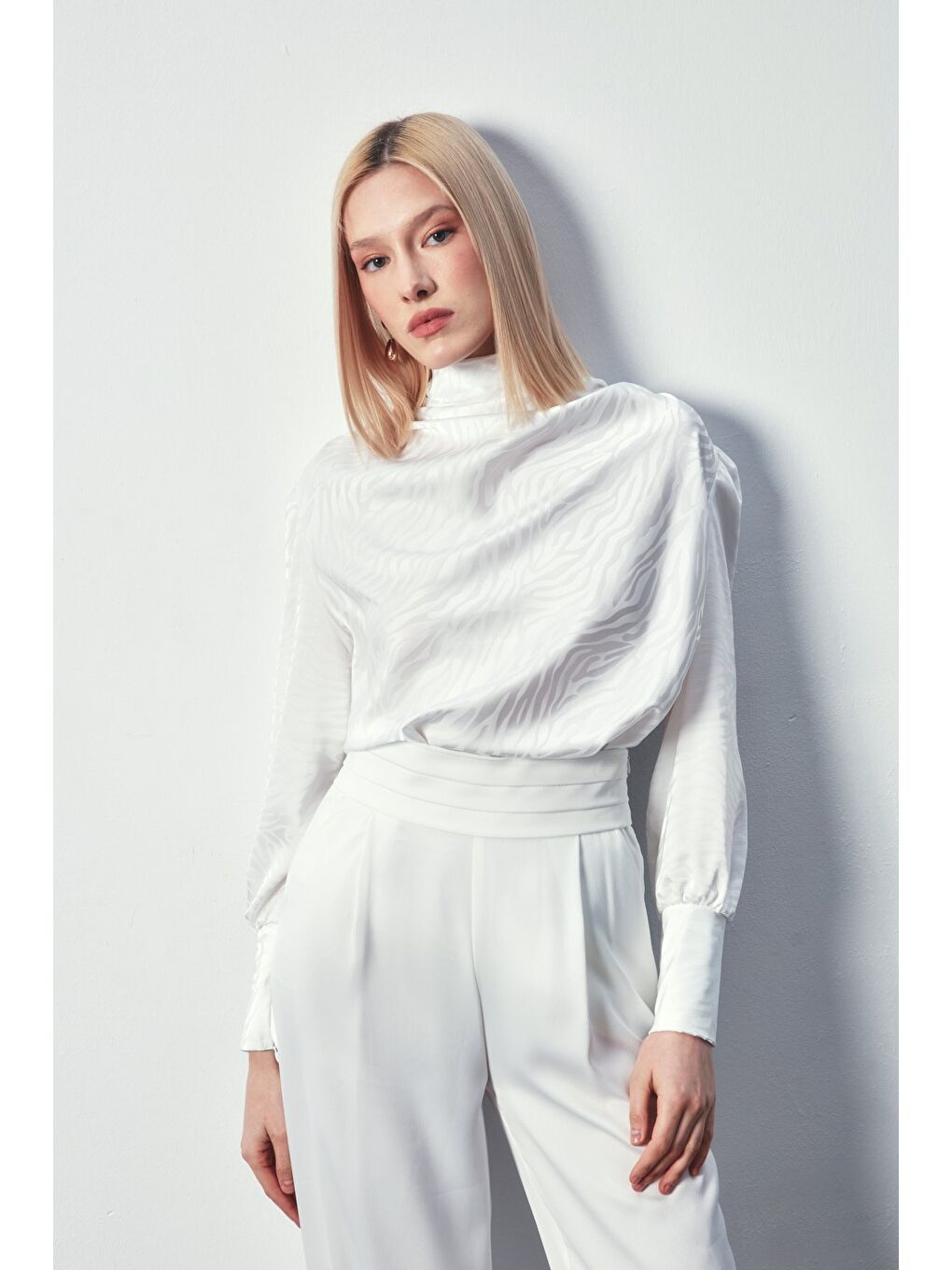 Drapeli Desenli Bluz - Ekru-4