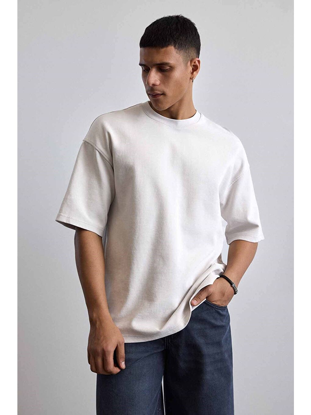 Erkek Oversize Yıkamalı Pamuklu Basic T-Shirt Gri-4