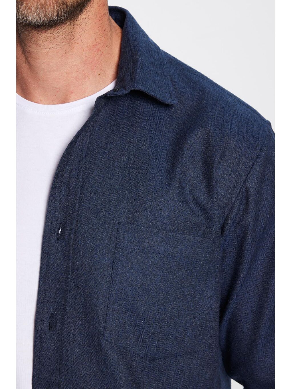 Erkek Regular Fit Klasik Kesim Pamuklu Tek Cepli Armürlü Kışlık Oduncu Lacivert Gömlek-2