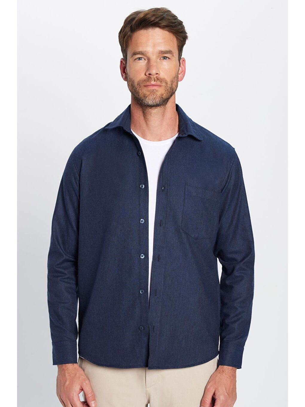 Erkek Regular Fit Klasik Kesim Pamuklu Tek Cepli Armürlü Kışlık Oduncu Lacivert Gömlek-3