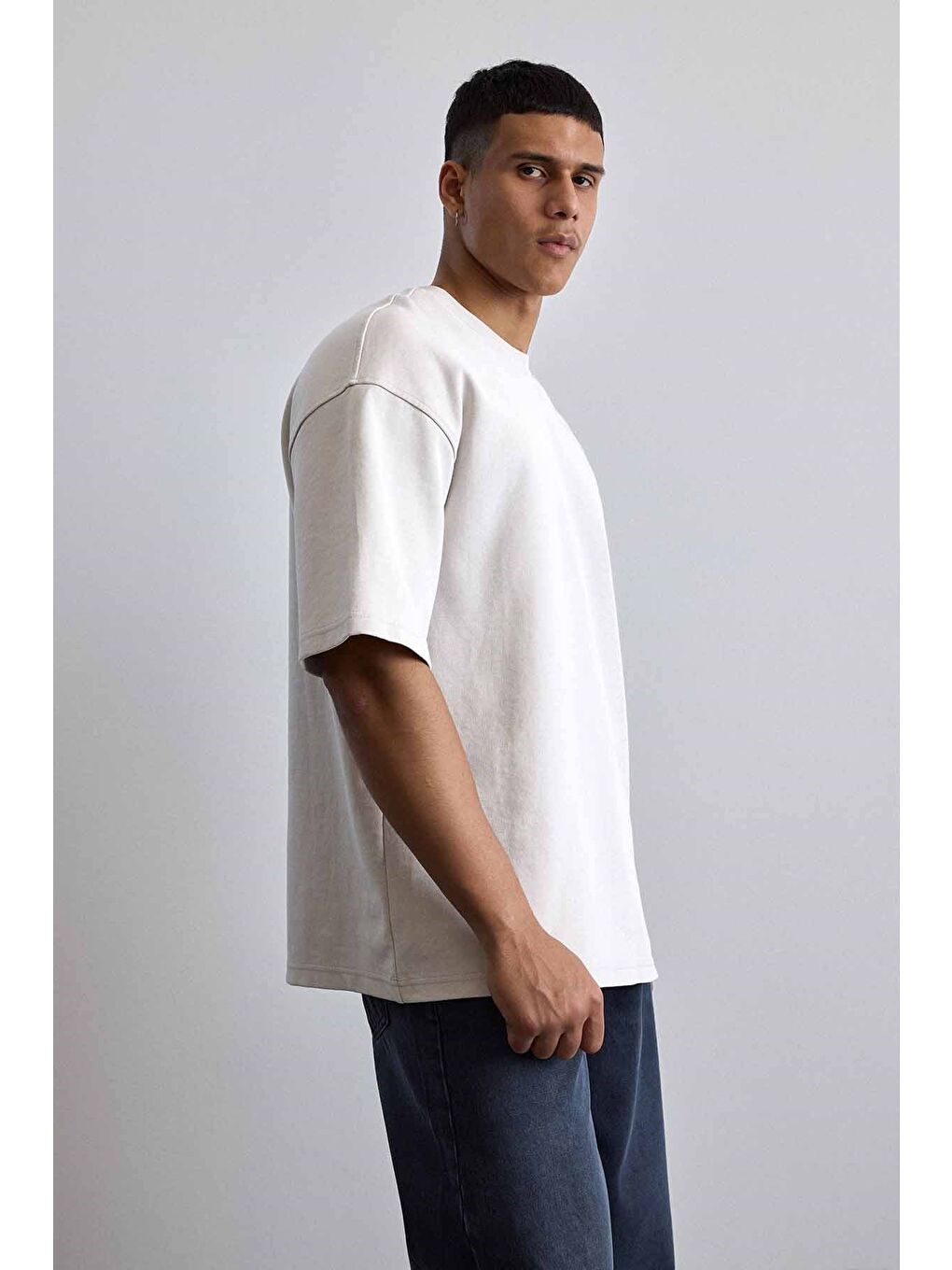 Erkek Oversize Yıkamalı Pamuklu Basic T-Shirt Gri-5