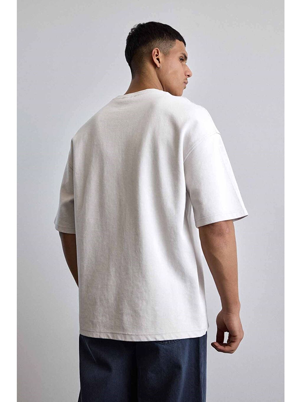 Erkek Oversize Yıkamalı Pamuklu Basic T-Shirt Gri-6