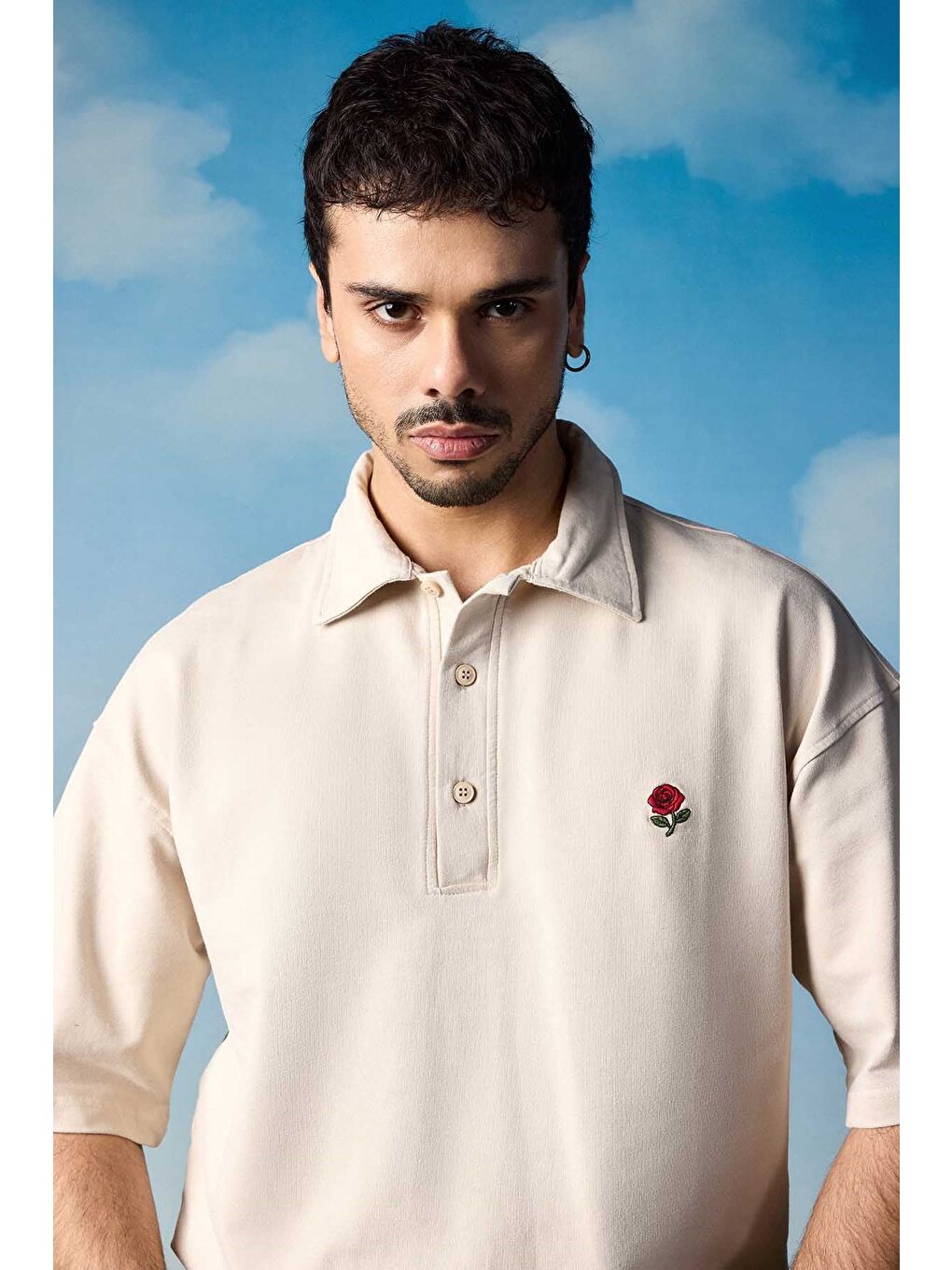 Erkek Oversize Yıkamalı Gül Nakışlı Polo Yaka T-Shirt Bej-3