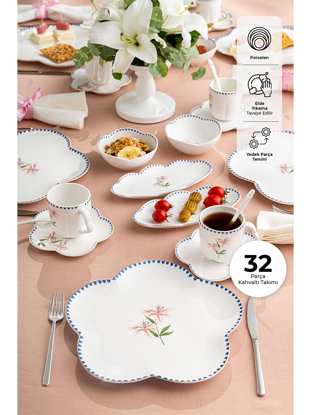 Beyaz Lilium Porselen 32 Parça 6 Kişilik Kahvaltı/Servis Takımı-2