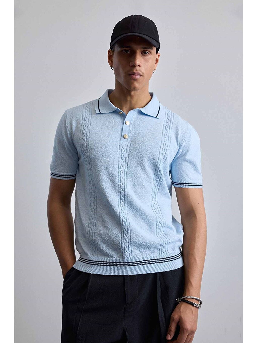 Erkek Regular Fit Saç Örgü Detaylı Triko Polo Yaka T Shirt Mavi-2