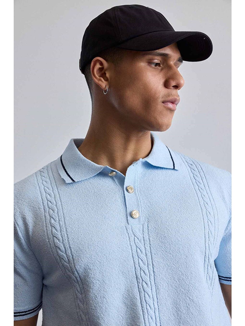 Erkek Regular Fit Saç Örgü Detaylı Triko Polo Yaka T Shirt Mavi-3