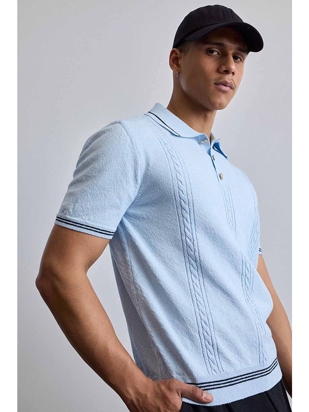 Erkek Regular Fit Saç Örgü Detaylı Triko Polo Yaka T Shirt Mavi-4