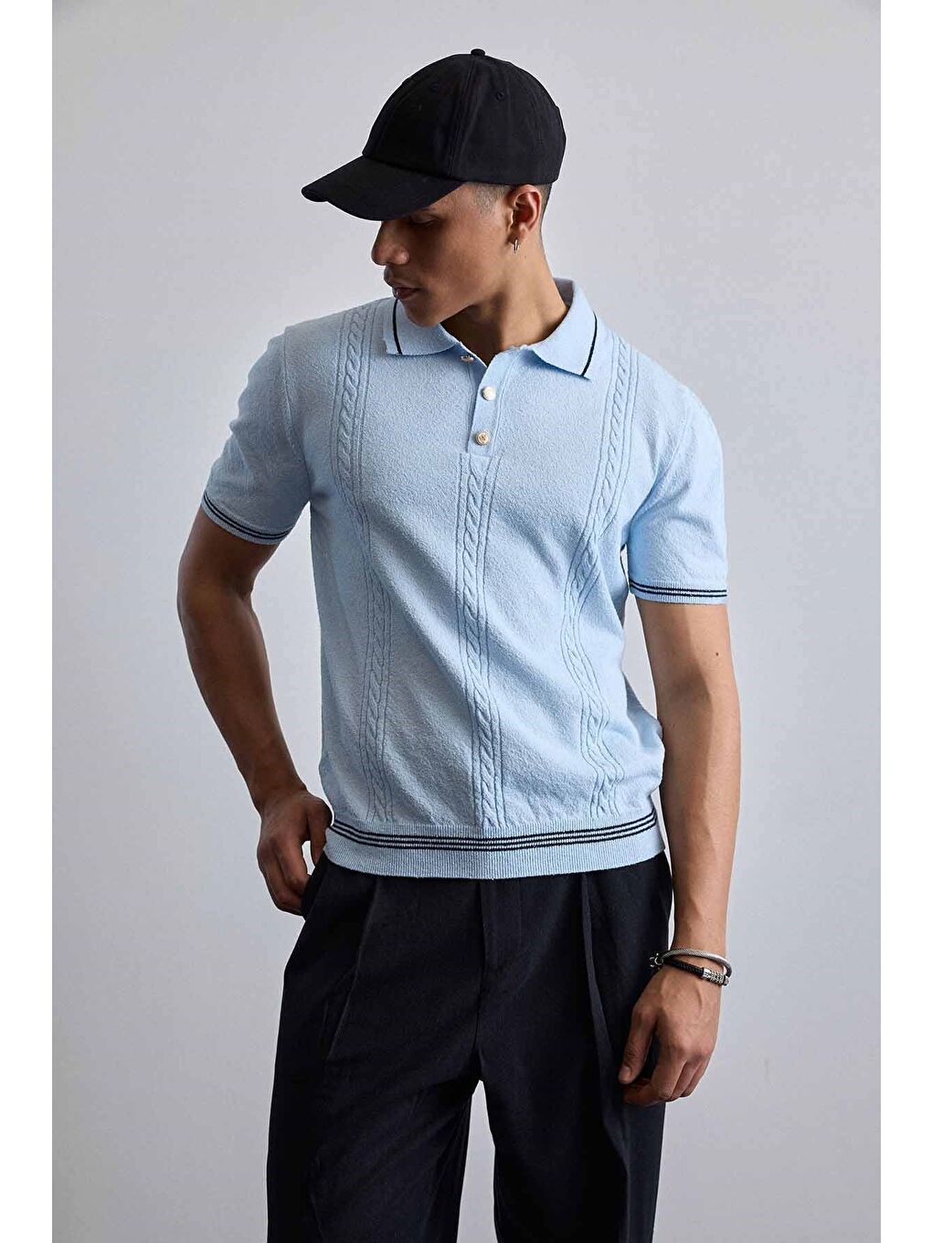 Erkek Regular Fit Saç Örgü Detaylı Triko Polo Yaka T Shirt Mavi-5