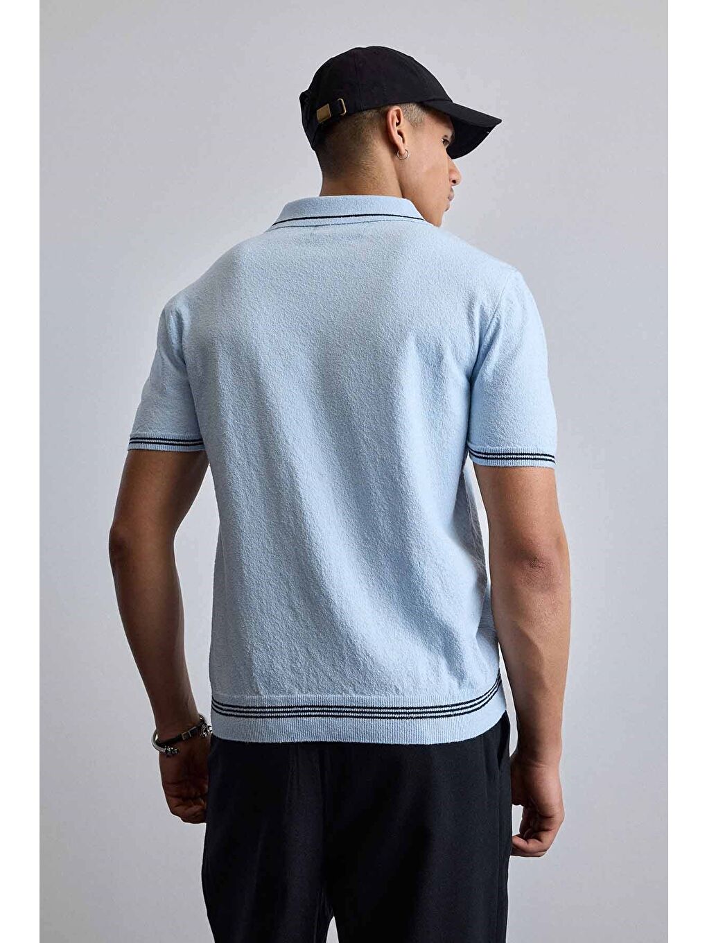 Erkek Regular Fit Saç Örgü Detaylı Triko Polo Yaka T Shirt Mavi-6