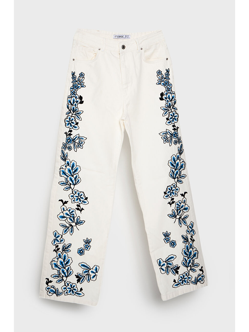 Kadın Beyaz Renk 5s5-2 Mavi Çiçek Nakışlı Straight Fit Yüksek Bel Özel Tasarım Denim Jean-1