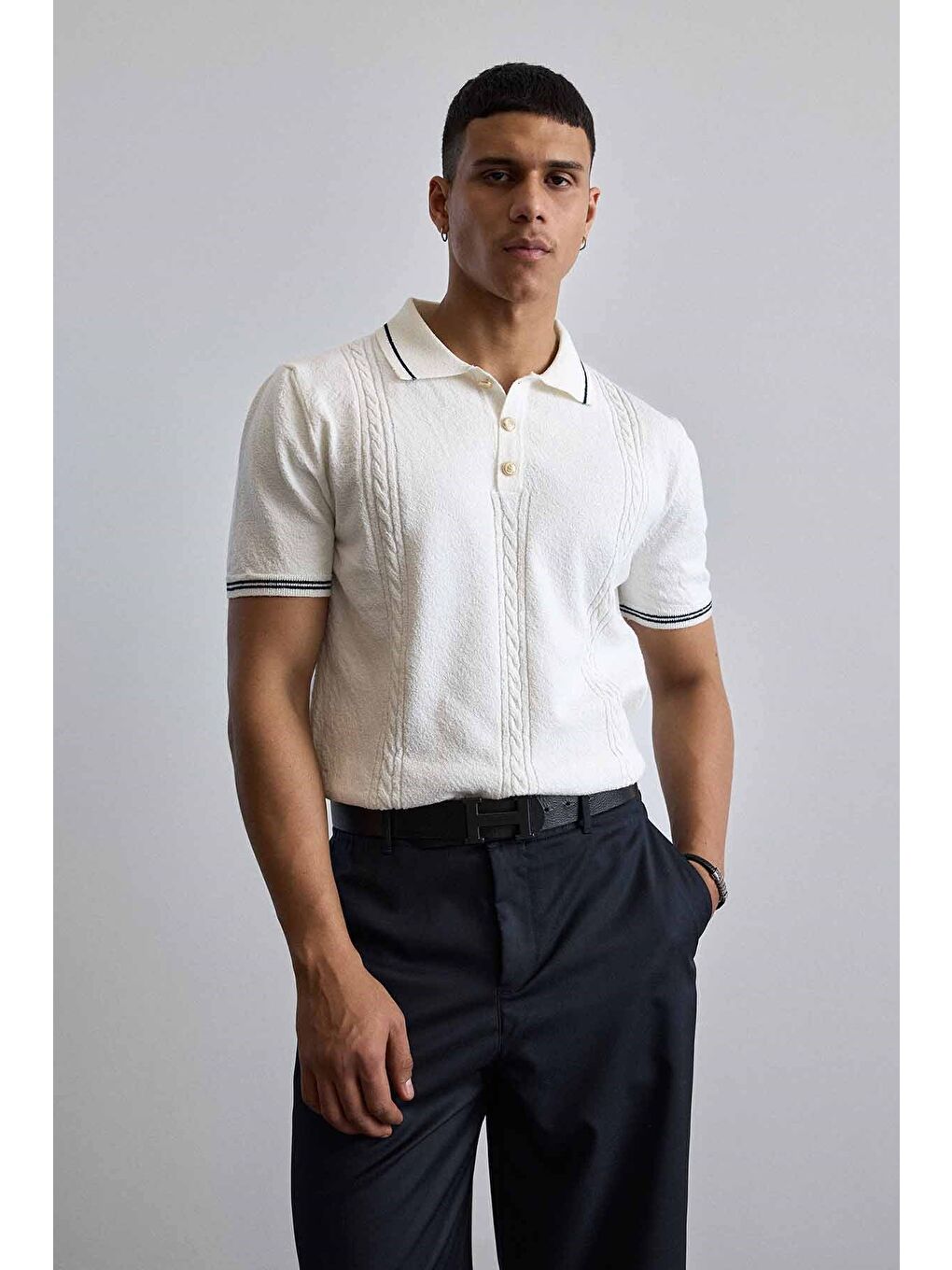 Erkek Regular Fit Saç Örgü Detaylı Triko Polo Yaka T Shirt Beyaz-2