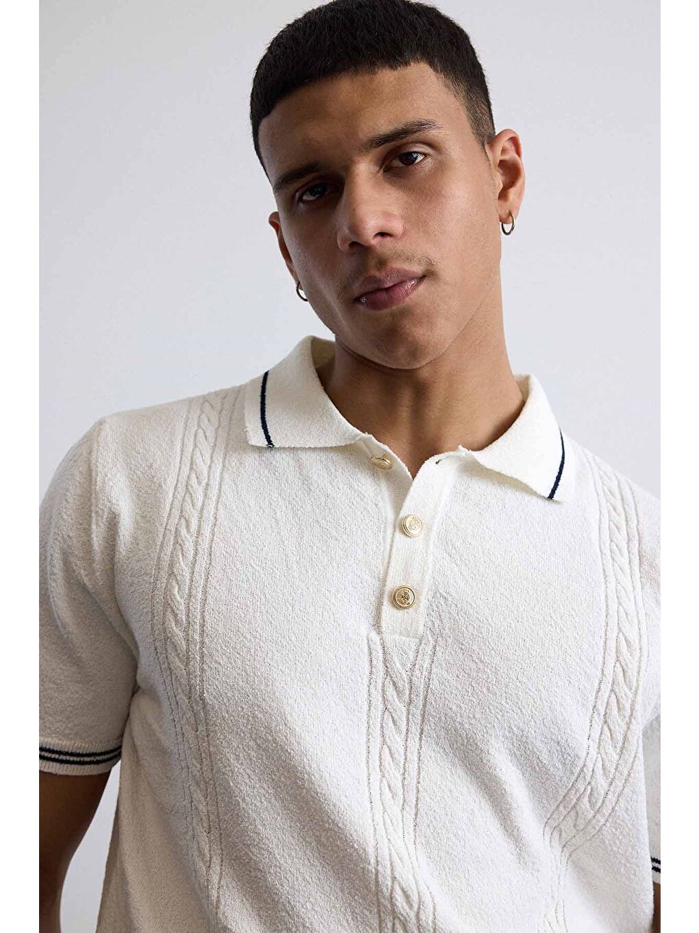 Erkek Regular Fit Saç Örgü Detaylı Triko Polo Yaka T Shirt Beyaz-3