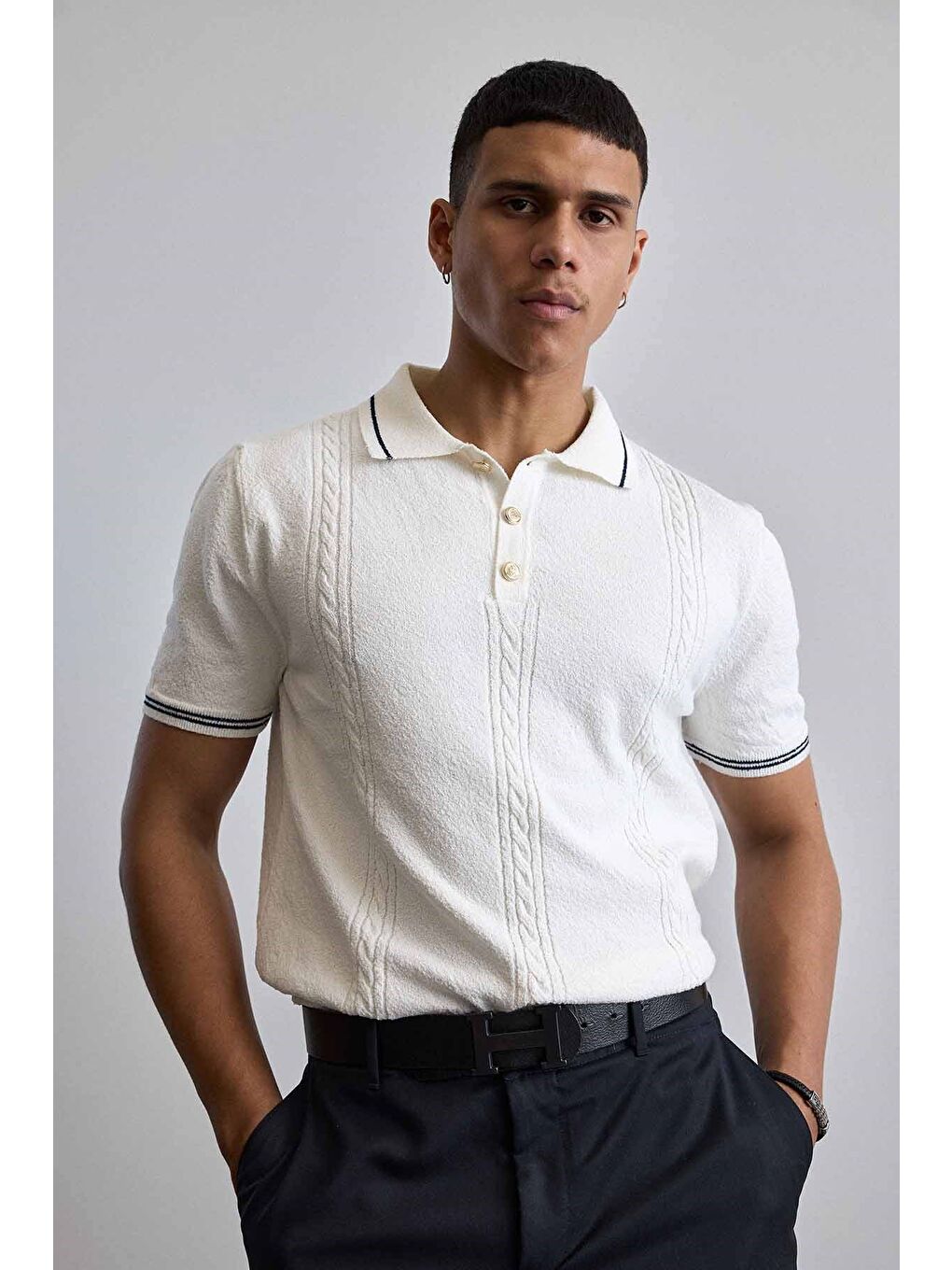 Erkek Regular Fit Saç Örgü Detaylı Triko Polo Yaka T Shirt Beyaz-4