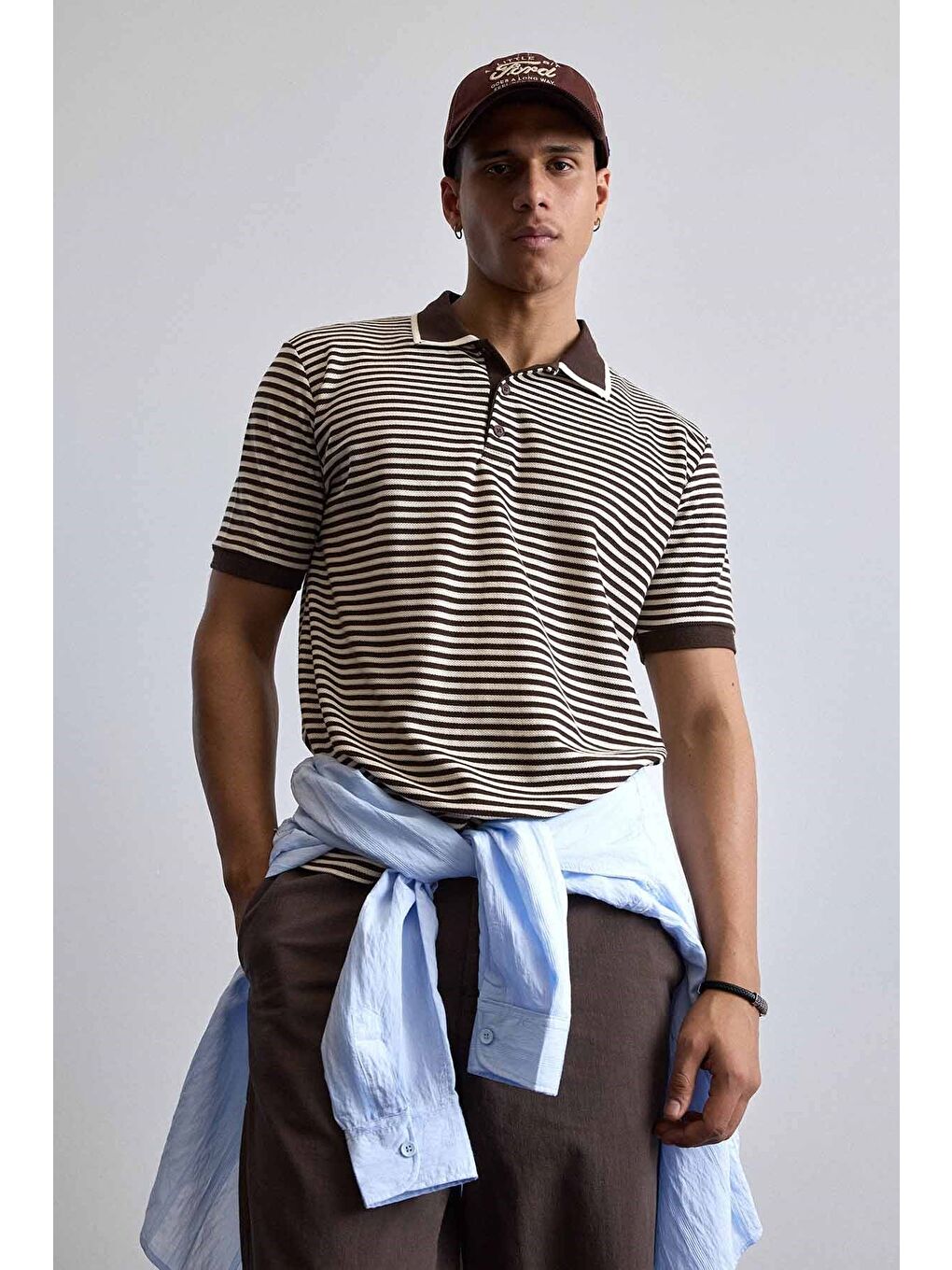 Erkek Regular Fit Çizgili Polo Yaka Örme T-Shirt Kahverengi-2