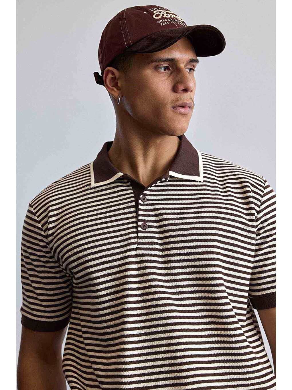 Erkek Regular Fit Çizgili Polo Yaka Örme T-Shirt Kahverengi-3