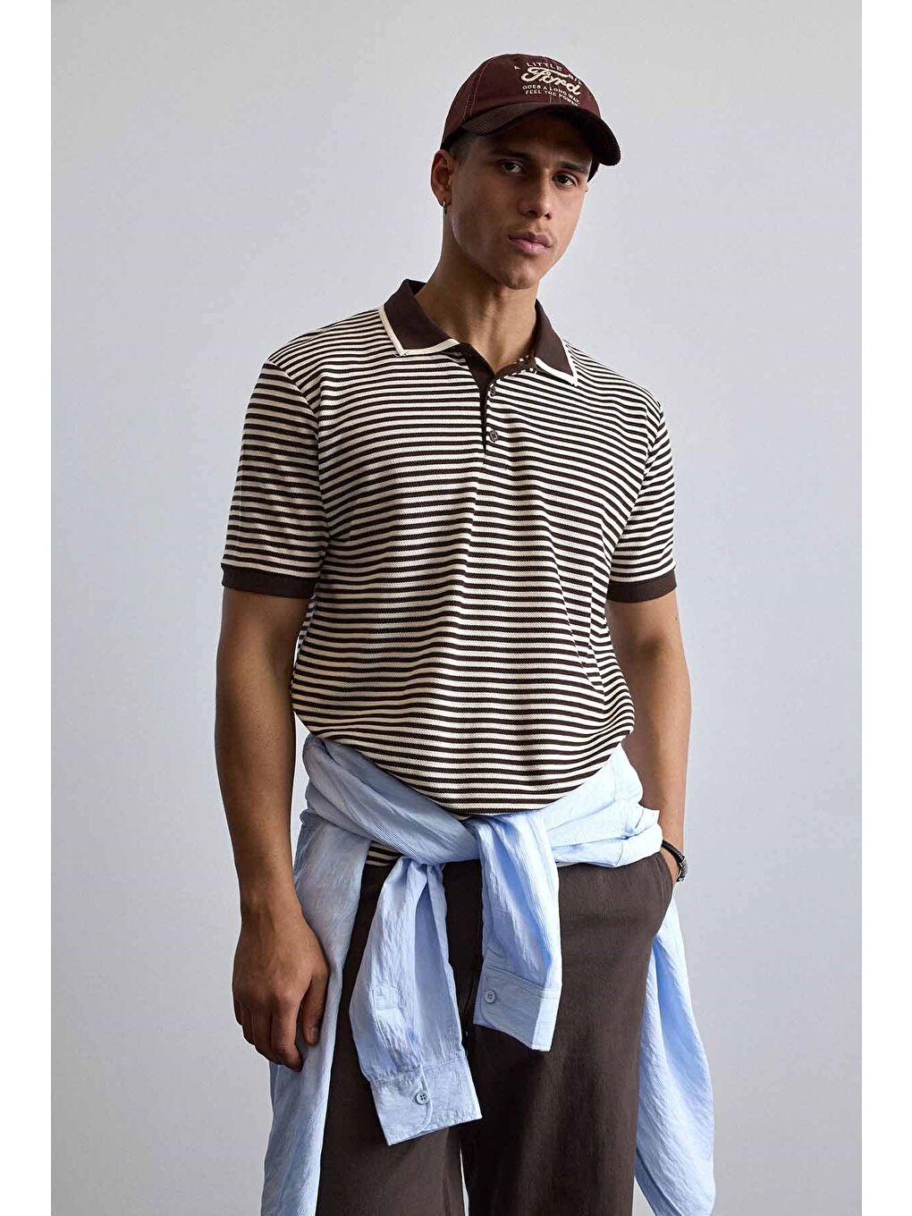Erkek Regular Fit Çizgili Polo Yaka Örme T-Shirt Kahverengi-4