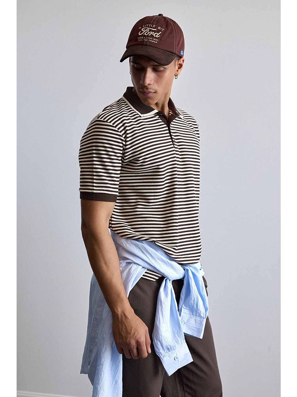 Erkek Regular Fit Çizgili Polo Yaka Örme T-Shirt Kahverengi-5
