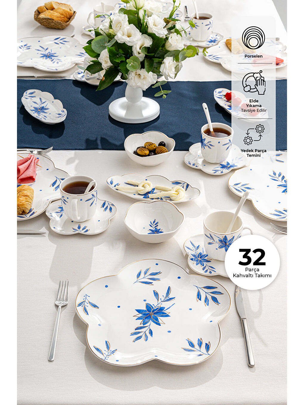 Beyaz İntense Blue Porselen 32 Parça 6 Kişilik Kahvaltı/Servis Takımı-2