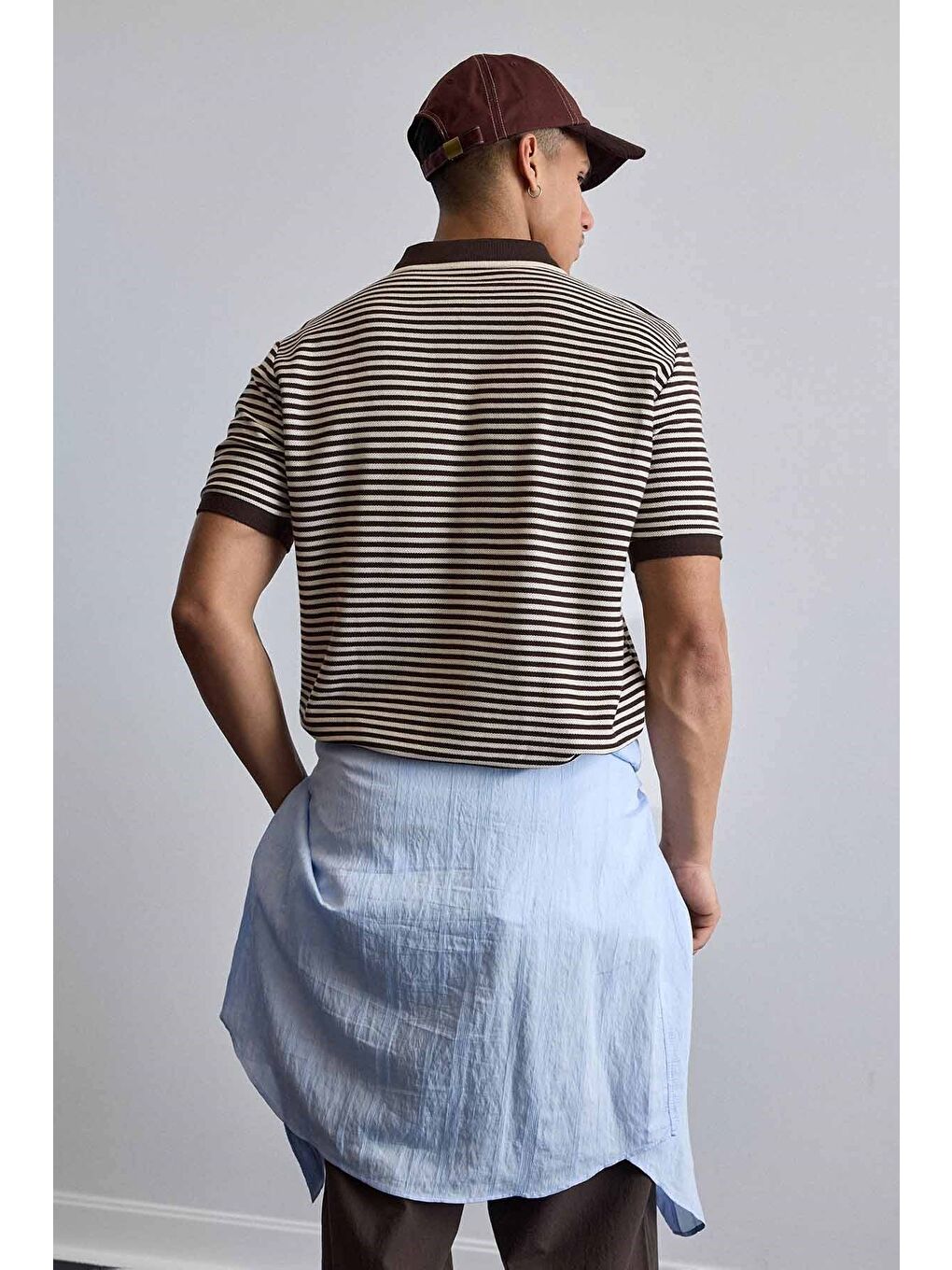 Erkek Regular Fit Çizgili Polo Yaka Örme T-Shirt Kahverengi-6