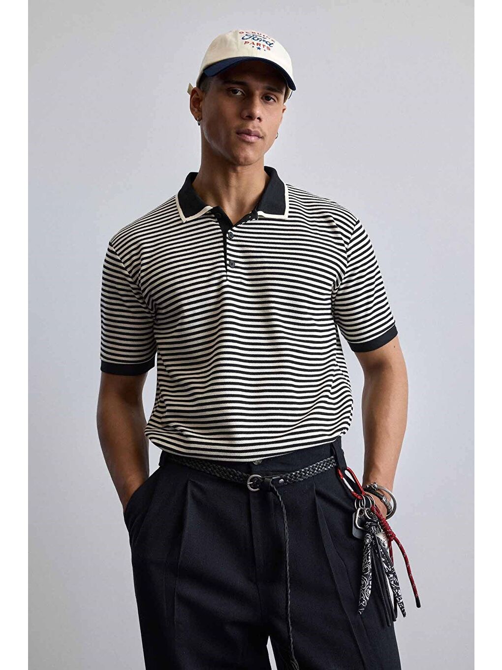 Erkek Regular Fit Çizgili Polo Yaka Örme T-Shirt Siyah-2