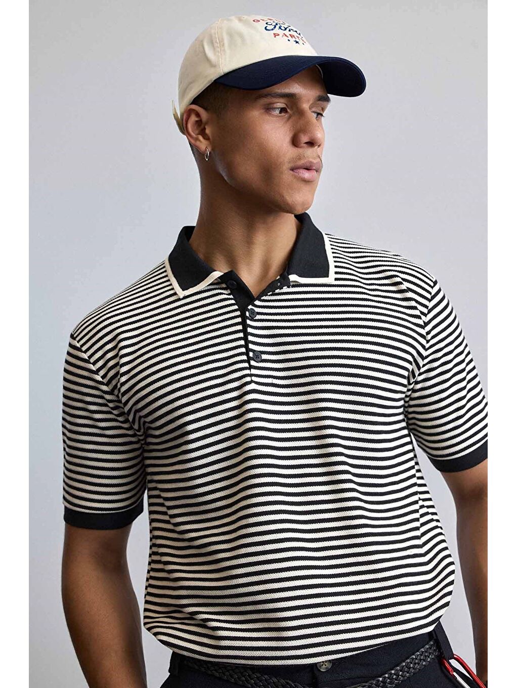 Erkek Regular Fit Çizgili Polo Yaka Örme T-Shirt Siyah-3