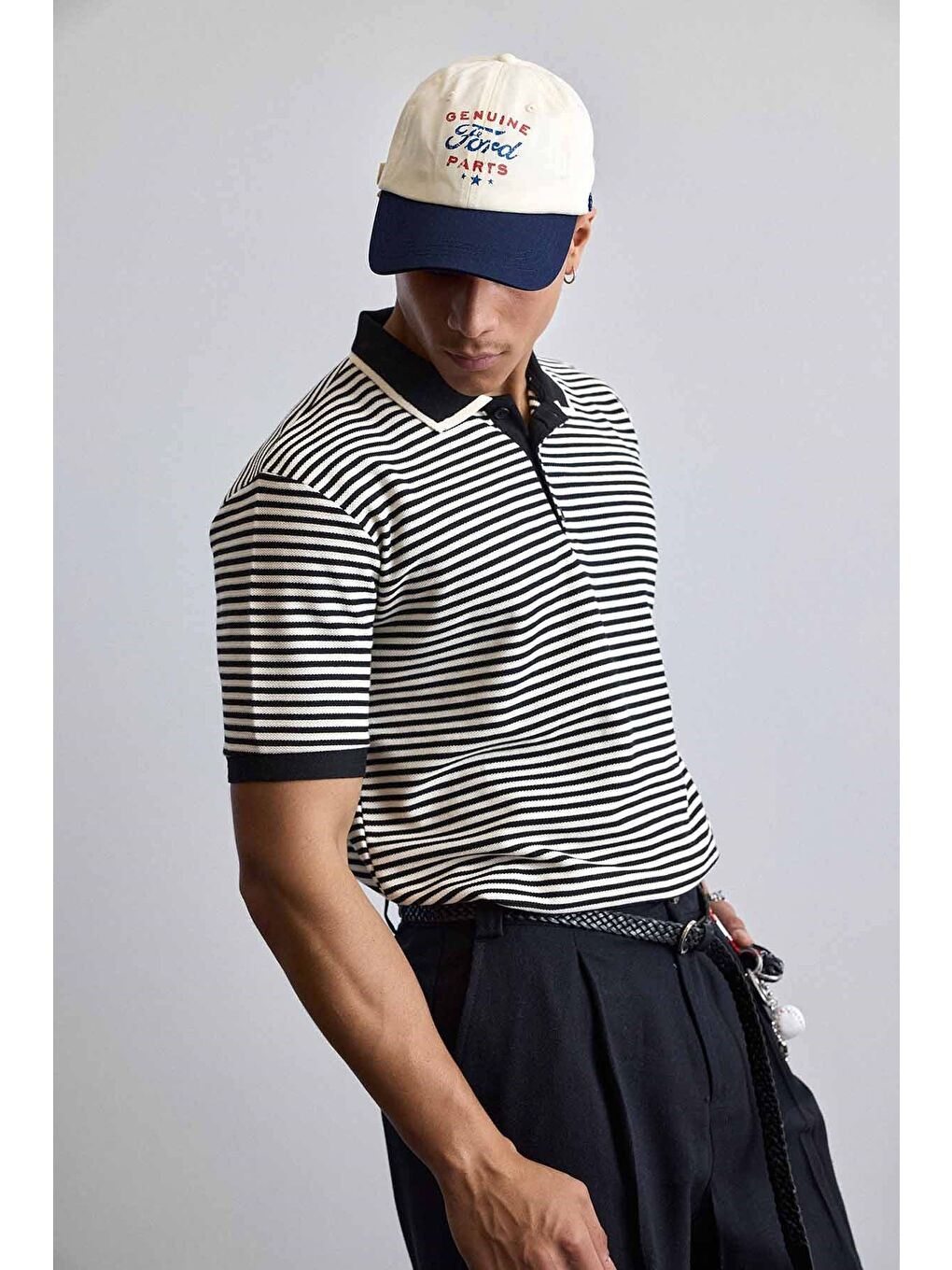 Erkek Regular Fit Çizgili Polo Yaka Örme T-Shirt Siyah-5