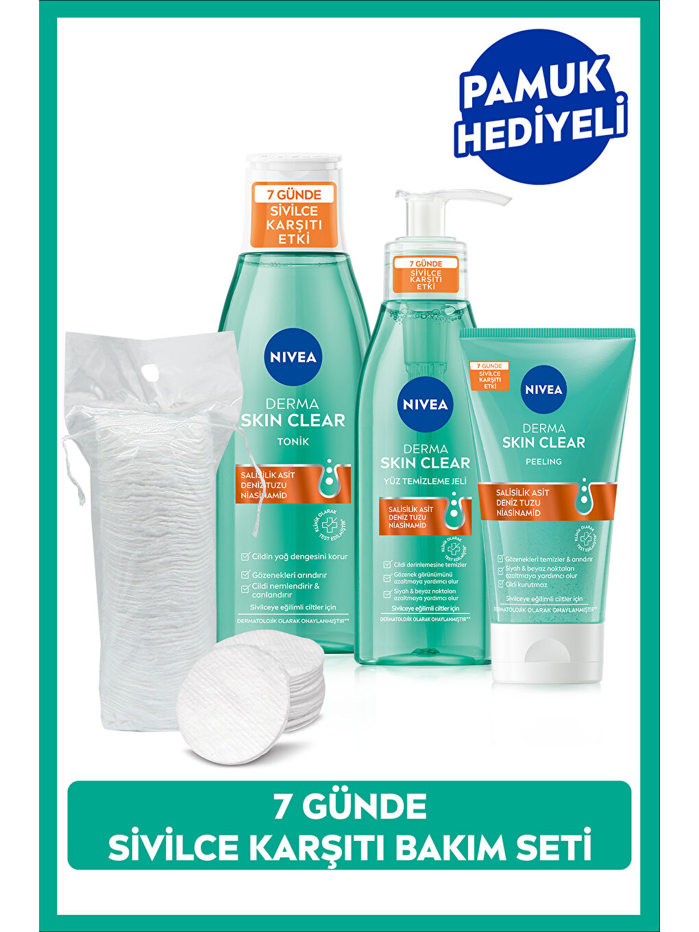 Derma Skin Clear Sivilce Karşıtı Yüz Temizleme Jeli 150ml, Tonik 200ml, Peeling 150ml, Pamuk Hediye
