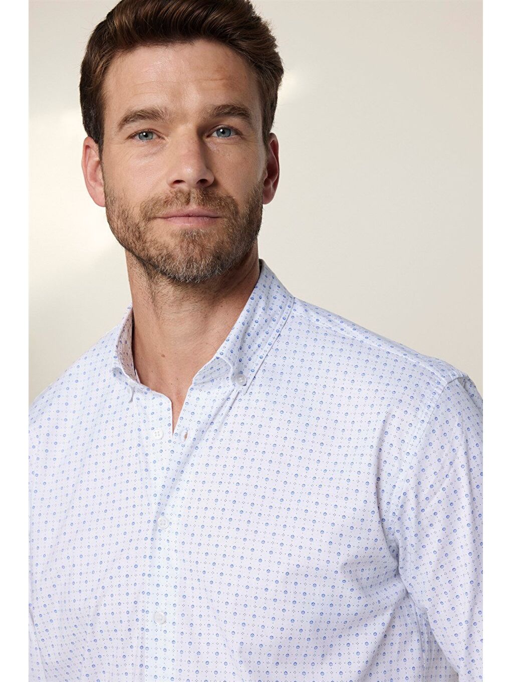 Erkek Regular Fit Klasik Kesim Elastanlı Baskılı Pamuklu Beyaz Gömlek