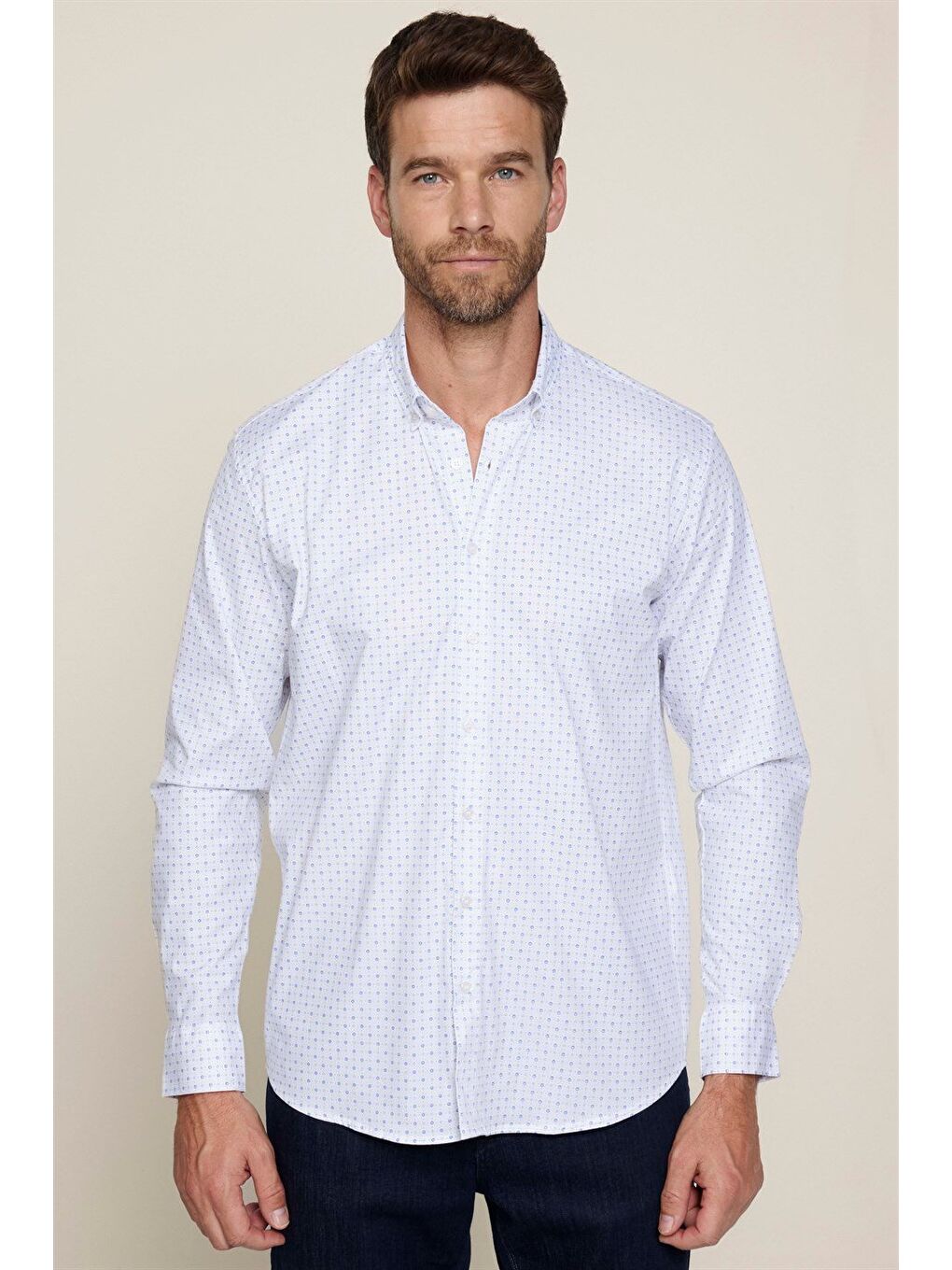 Erkek Regular Fit Klasik Kesim Elastanlı Baskılı Pamuklu Beyaz Gömlek-1