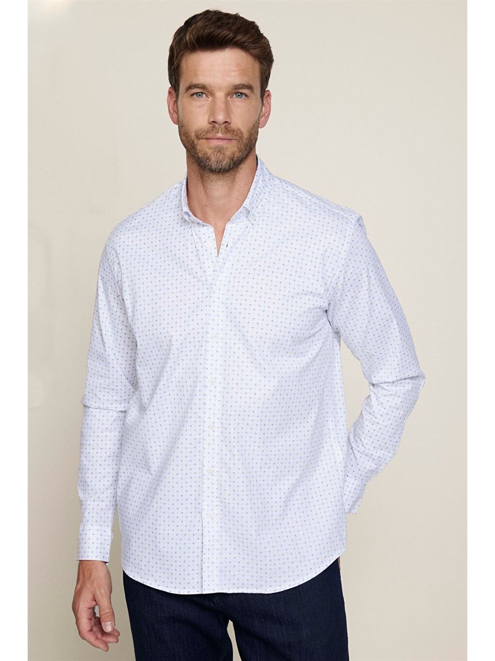 Erkek Regular Fit Klasik Kesim Elastanlı Baskılı Pamuklu Beyaz Gömlek-2