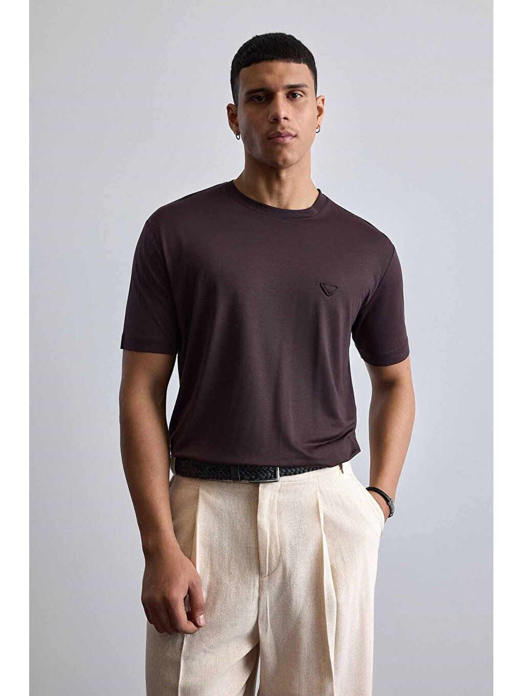 Erkek Relaxed Fit Yumuşak Dokulu Basic T-Shirt Kahverengi-2