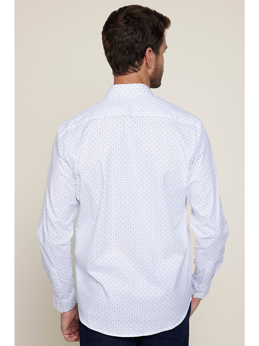 Erkek Regular Fit Klasik Kesim Elastanlı Baskılı Pamuklu Beyaz Gömlek-4