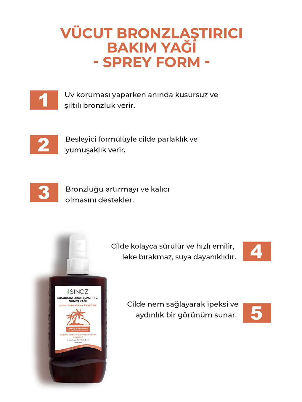 Kusursuz Bronzlaştırıcı Güneş Yağı Spreyi 200 ml Hindistan Cevizi Kakao Havuç Yağı Içeren-1