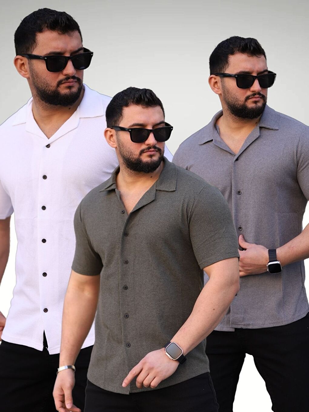 Karışık Erkek Beyaz Haki Gri Örme Kısa Kollu Erkek Gömlek 3'lü Set