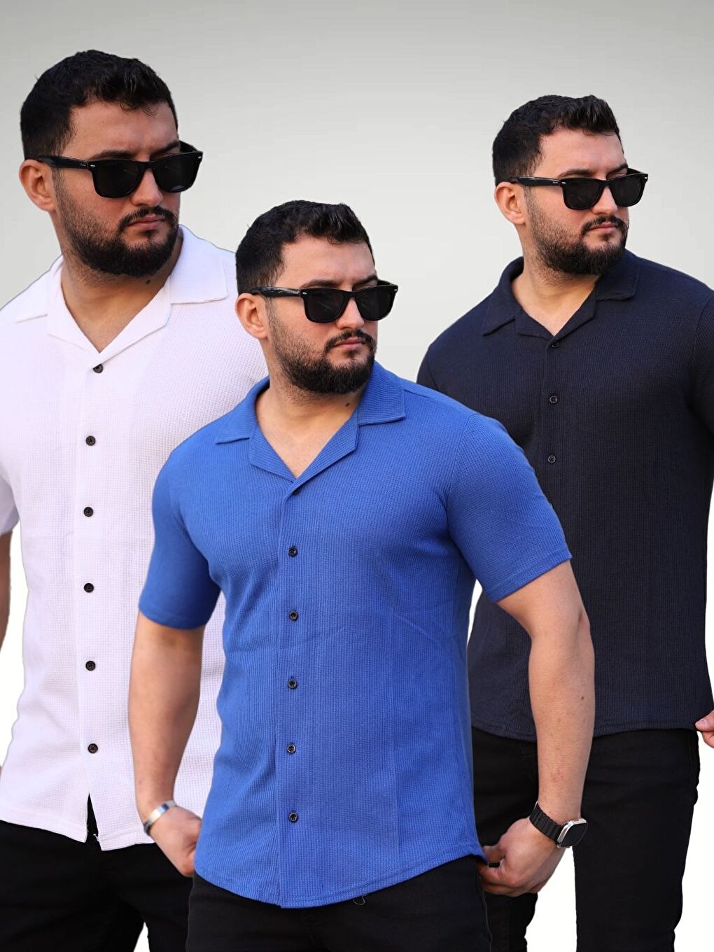 Erkek Beyaz Sax Mavi Lacivert Örme Kısa Kollu Erkek Gömlek 3'lü Set