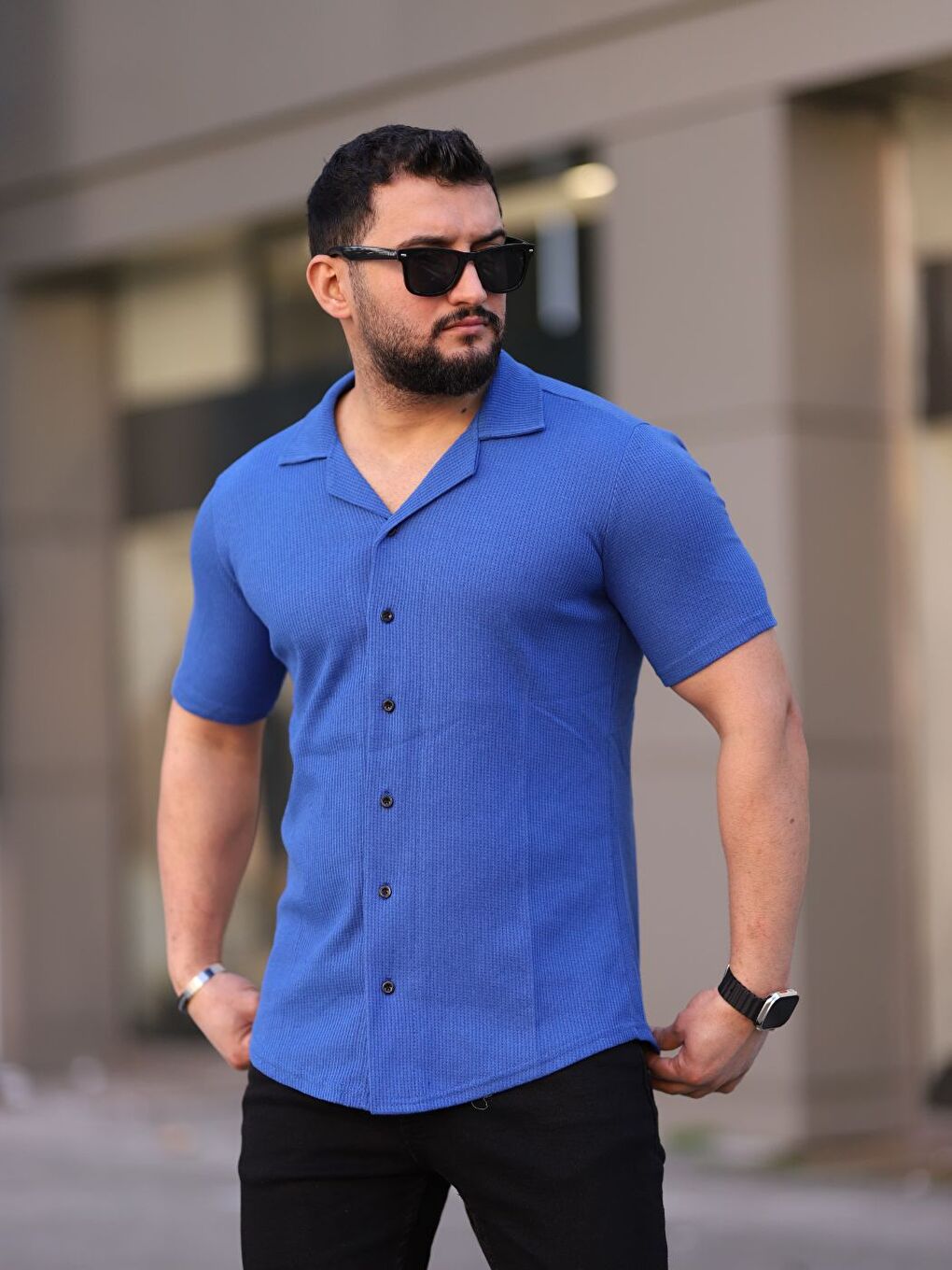 Erkek Beyaz Sax Mavi Lacivert Örme Kısa Kollu Erkek Gömlek 3'lü Set-1