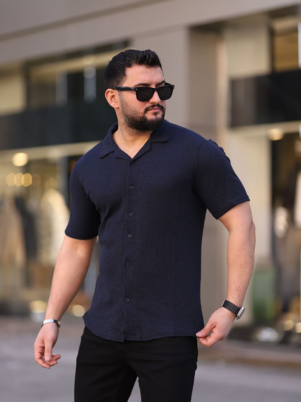 Erkek Beyaz Sax Mavi Lacivert Örme Kısa Kollu Erkek Gömlek 3'lü Set-2