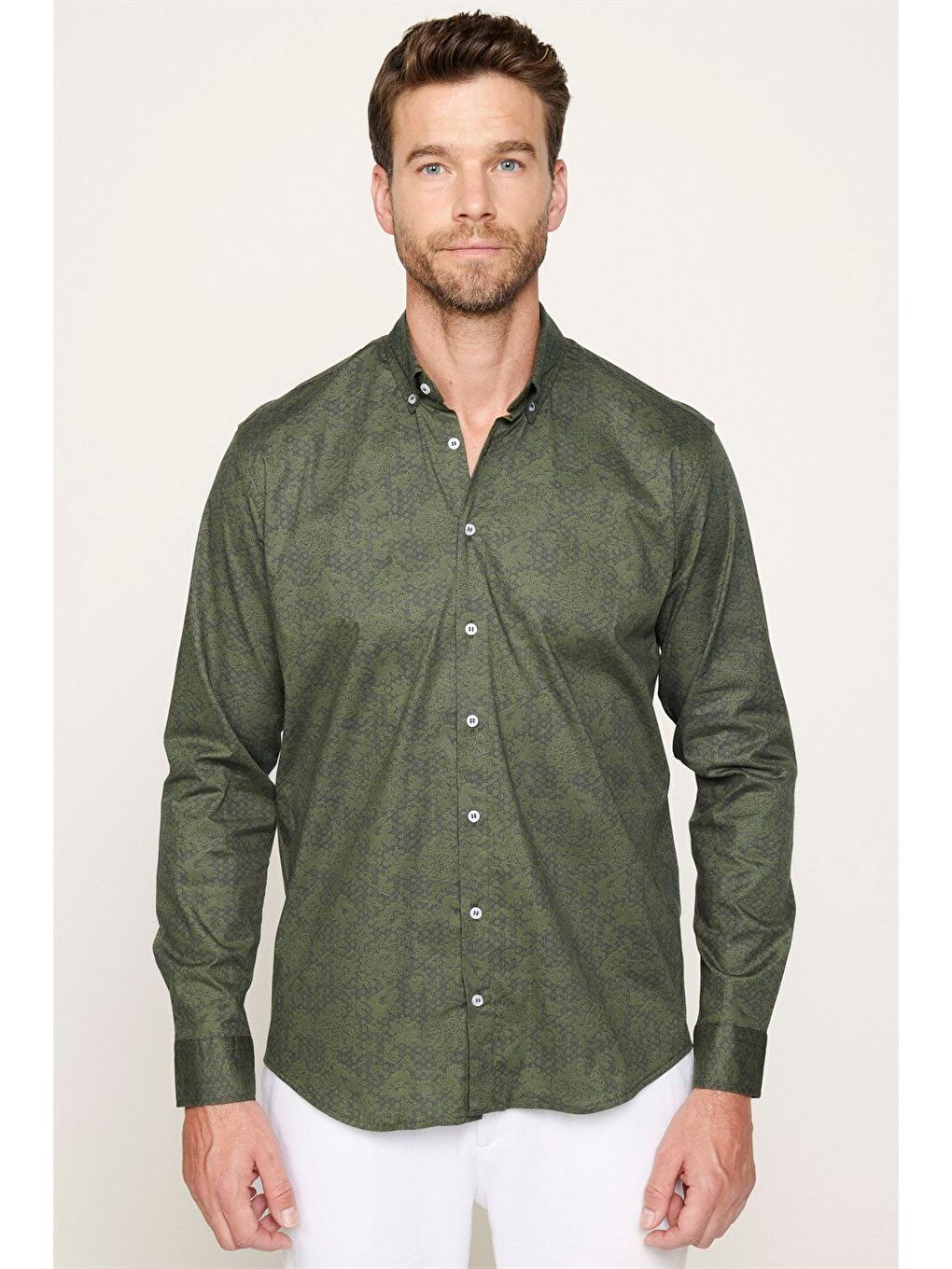 Erkek Regular Fit Klasik Kesim Elastanlı Baskılı Pamuklu Haki Gömlek-1