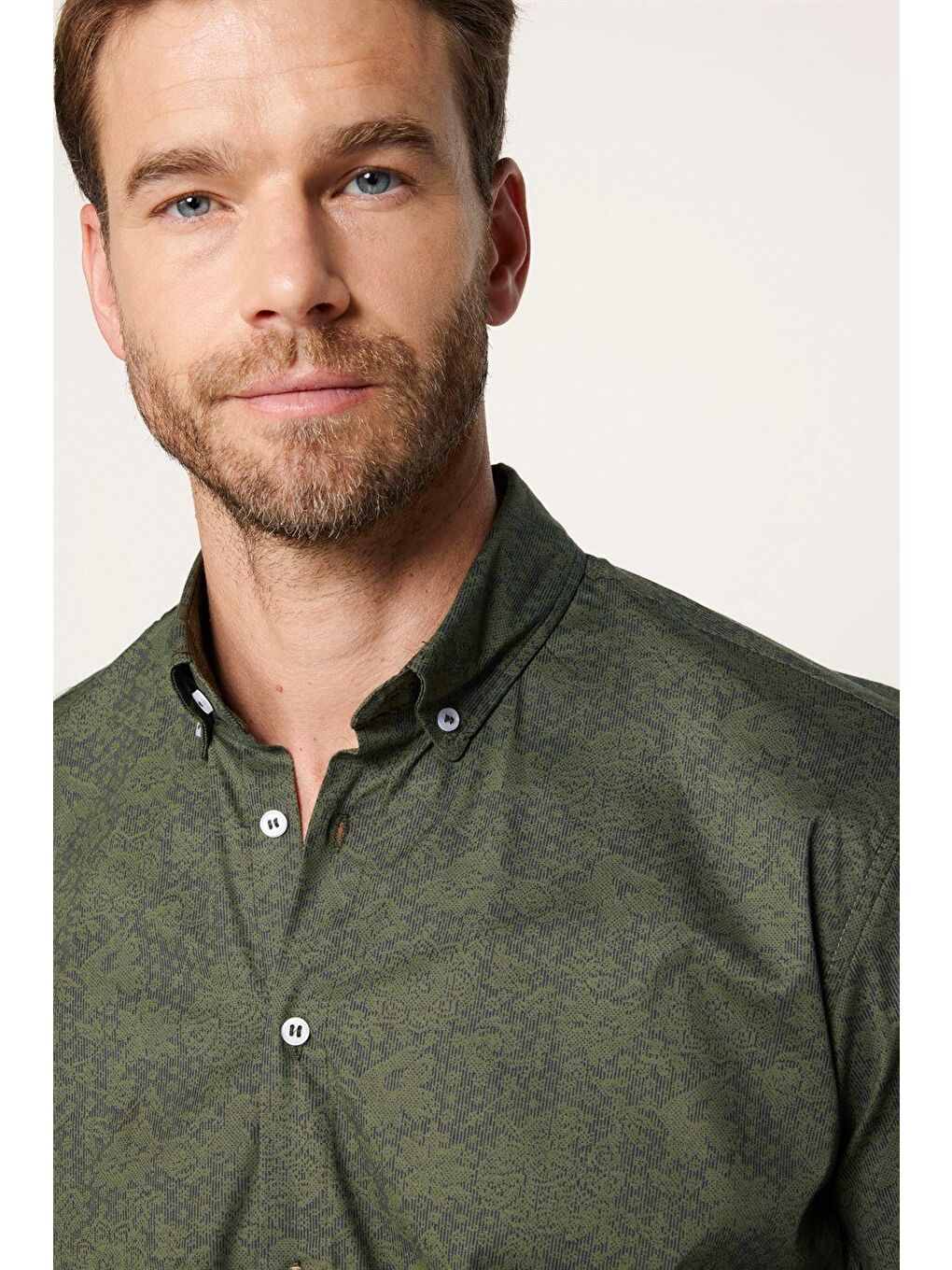 Erkek Regular Fit Klasik Kesim Elastanlı Baskılı Pamuklu Haki Gömlek-2