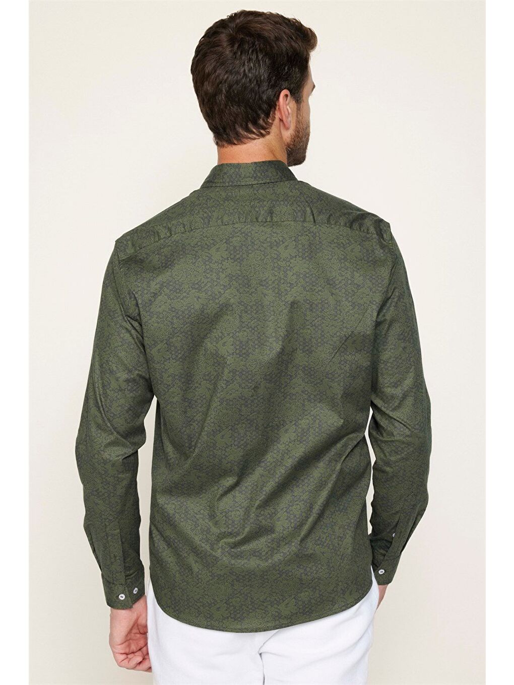 Erkek Regular Fit Klasik Kesim Elastanlı Baskılı Pamuklu Haki Gömlek-4