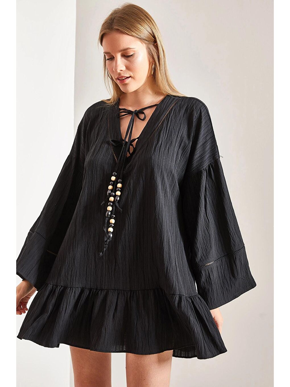 Siyah Kadın Boncuk Detaylı Elbise-4