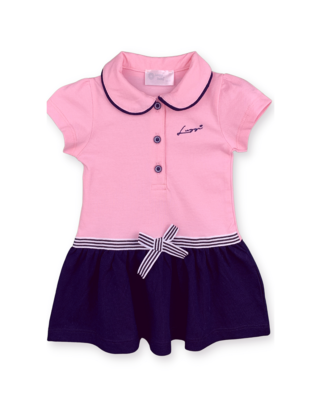 Pembe Bebe Yaka Kısa Kollu Önden Düğmeli Kız Bebek Elbise