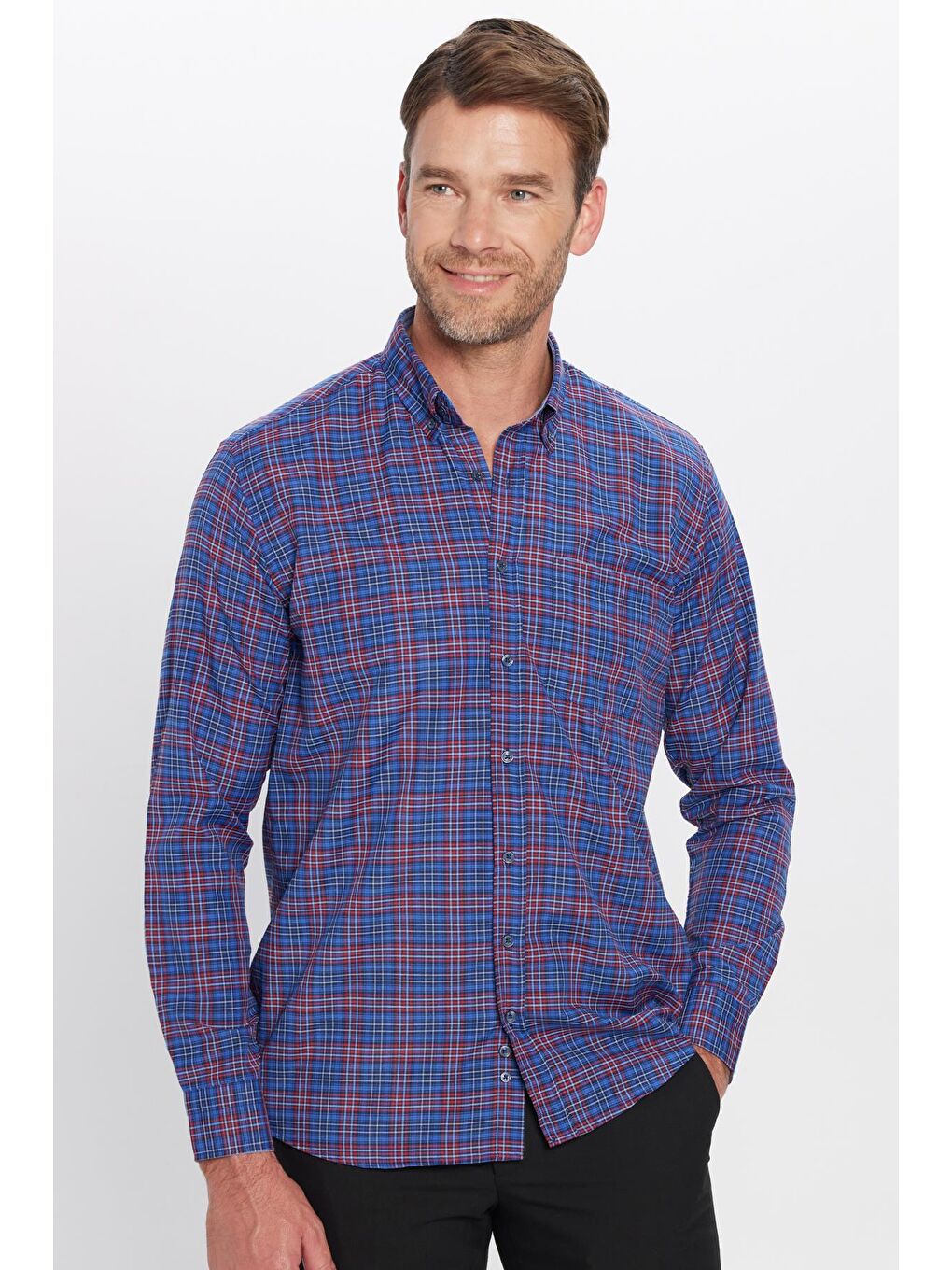 Karışık Erkek Regular Fit Klasik Kesim Pamuklu Tek Cepli Kareli Düğmeli Yaka Gömlek