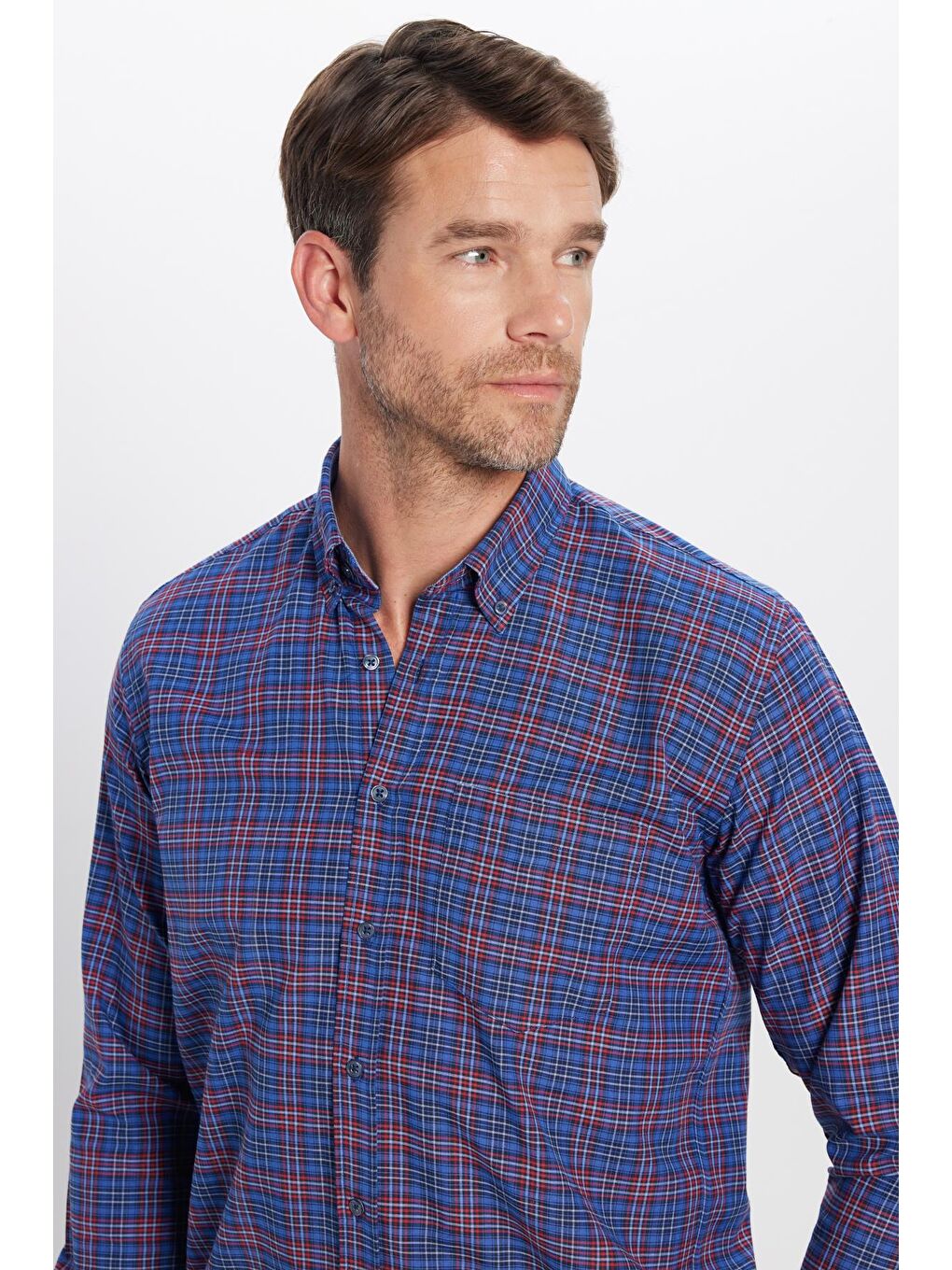 Karışık Erkek Regular Fit Klasik Kesim Pamuklu Tek Cepli Kareli Düğmeli Yaka Gömlek-1