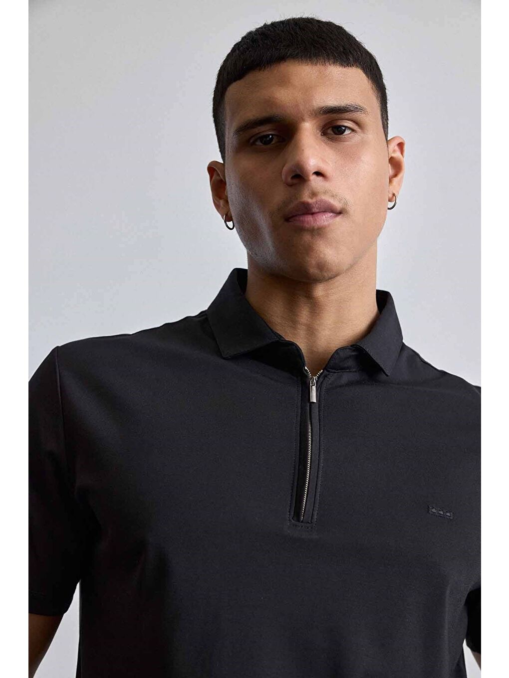Erkek Slim Fit Yarım Fermuarlı Basic Polo Yaka T-Shirt Siyah-3