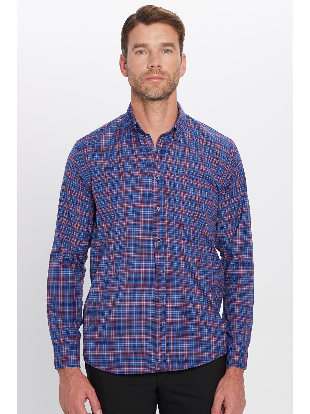 Karışık Erkek Regular Fit Klasik Kesim Pamuklu Tek Cepli Kareli Düğmeli Yaka Gömlek-3