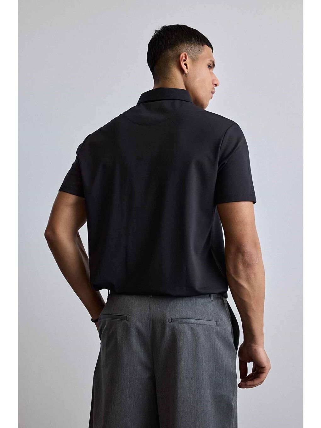 Erkek Slim Fit Yarım Fermuarlı Basic Polo Yaka T-Shirt Siyah-5