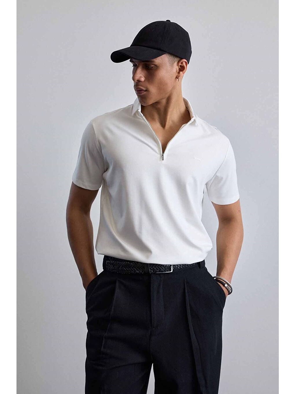 Erkek Slim Fit Yarım Fermuarlı Basic Polo Yaka T-Shirt Beyaz-2