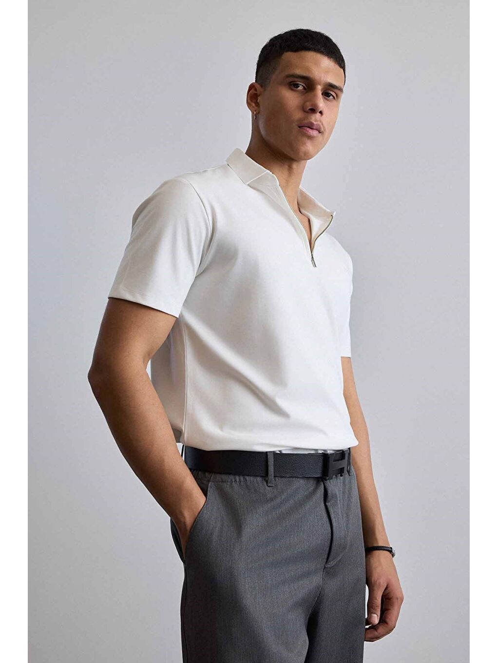 Erkek Slim Fit Yarım Fermuarlı Basic Polo Yaka T-Shirt Beyaz-5