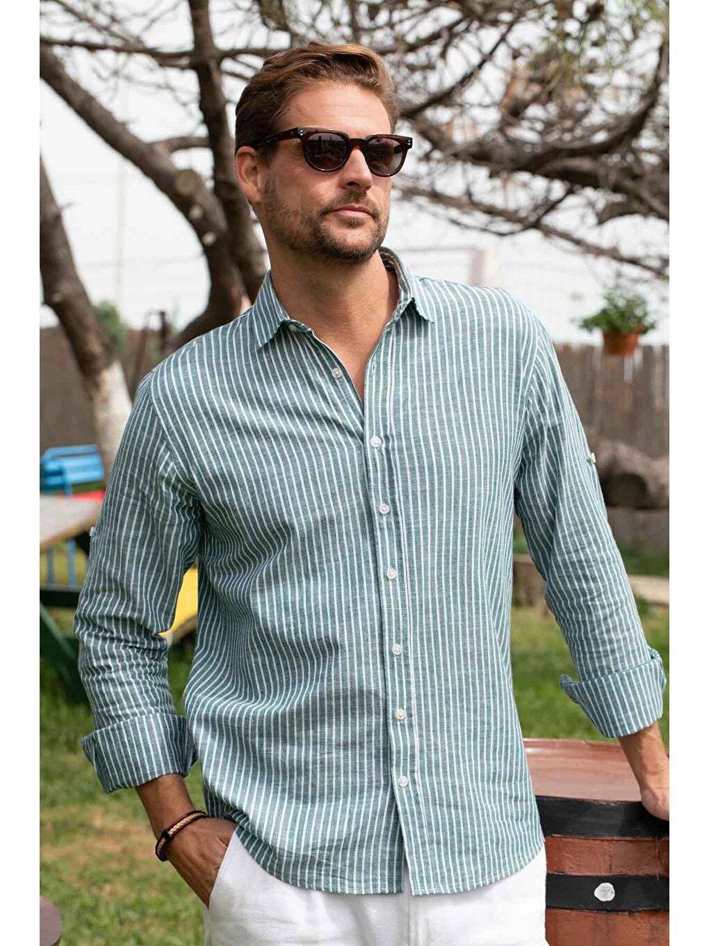 Karışık Erkek Regular Fit Klasik Kesim %100 Pamuk Keten Doku Çizgili Gömlek-5